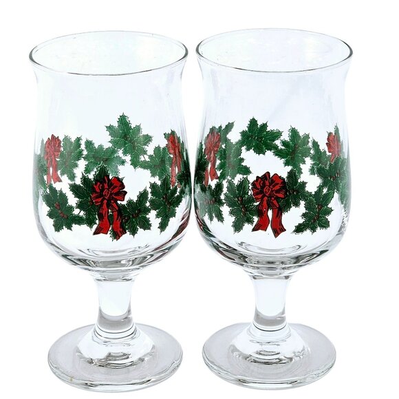 Libbey Christmas Holly Red Bows Water Wine Glasses 6.25" set/2 fluffy greenery - Picture 1 of 9